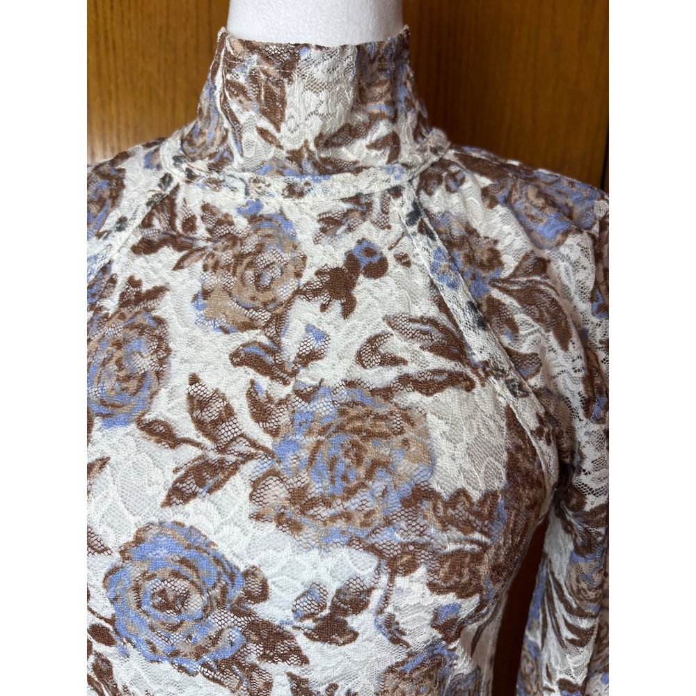 Free People Lyric Floral Lace Mock Neck Long Sleeve Top Brown Blue Rose Size M - Picture 4 of 11